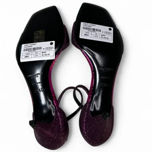 Saint Laurent Paris Glitter Fuchsia Kitten Heel Sandal EU 37.5 NWOB - Picture 14 of 16